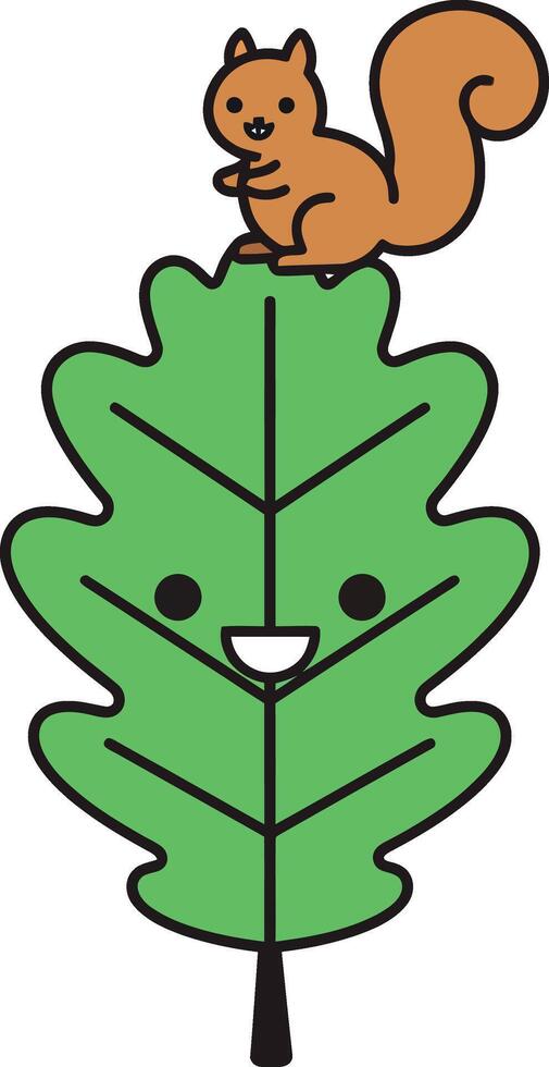 Cute squirrel sitting on a green smiling leaf in a flat illustration vector