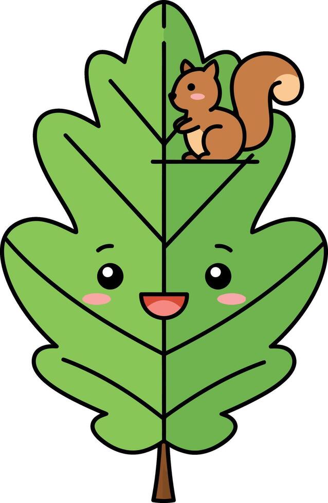 Happy cartoon leaf character with a smiling face and a playful squirrel in flat art vector