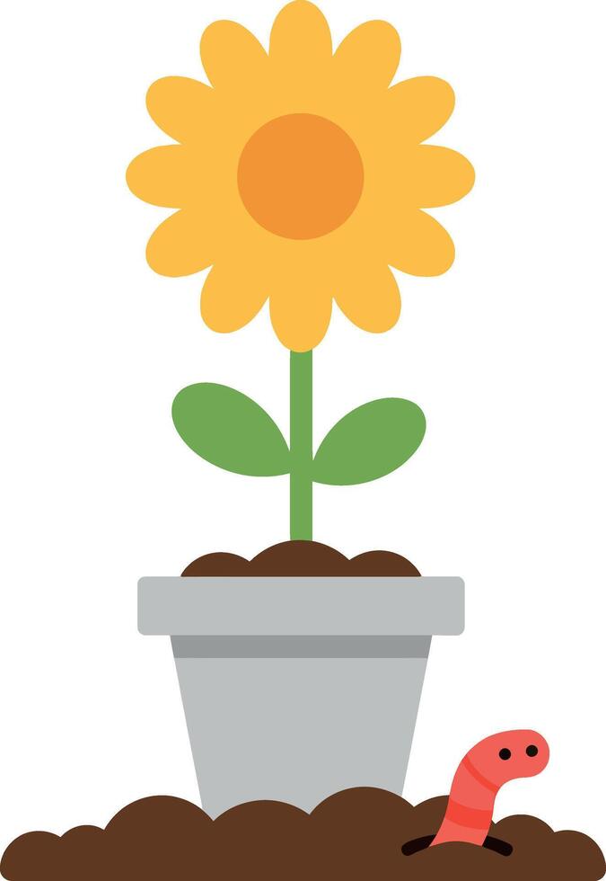 Bright sunflower blooming in a grey pot with soil and a red worm, flat illustration vector