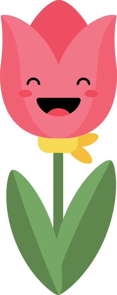 Happy pink tulip with a smiling face and green leaves in a flat illustration vector