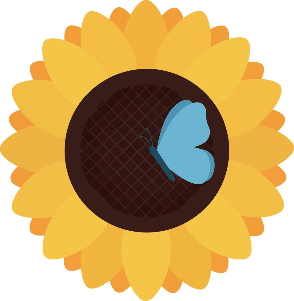 Bright sunflower with a blue butterfly perched on its center in flat art vector