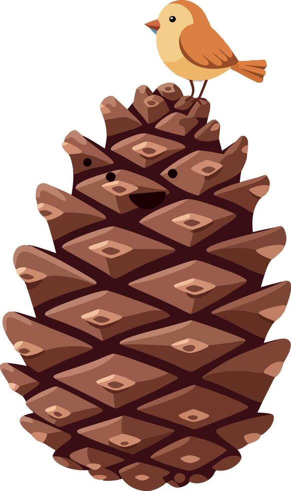 A cute bird perched on a detailed pine cone in a flat illustration style vector