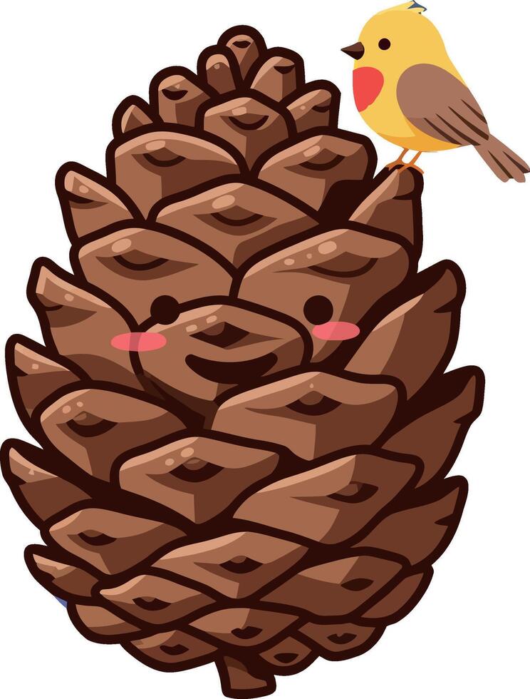Cute brown pine cone with a cheerful yellow bird sitting atop in minimal illustration vector