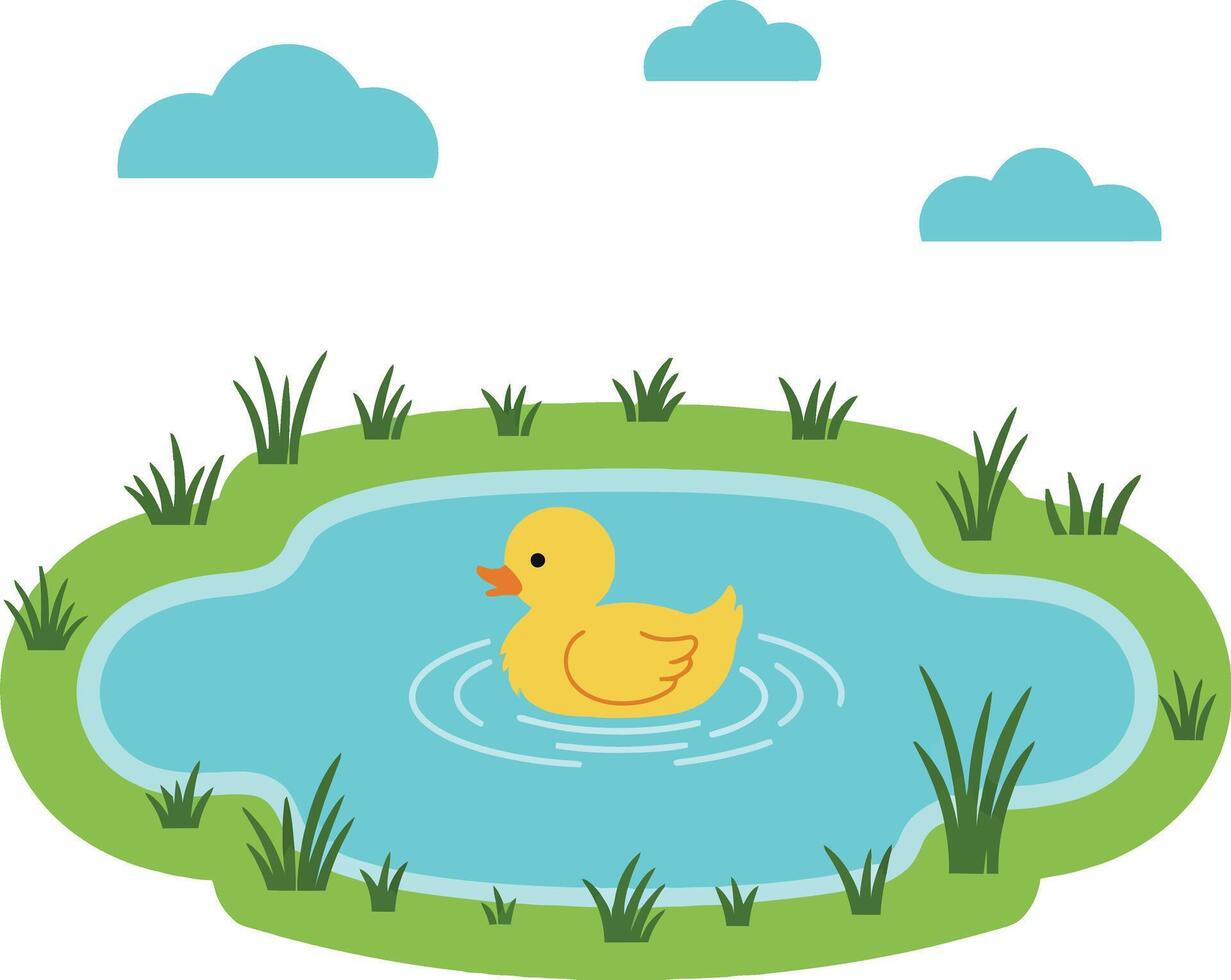 Yellow duck swimming in a serene pond surrounded by lush greenery in flat art vector