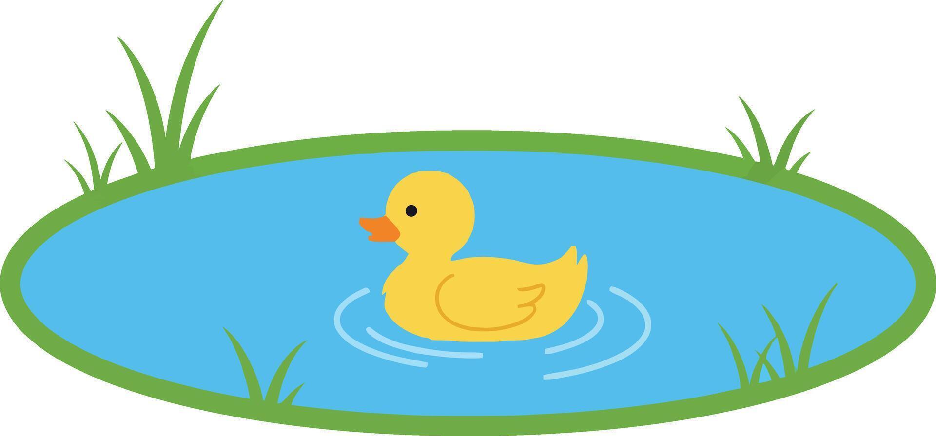 Yellow duck swimming in a peaceful blue pond surrounded by green grass art vector