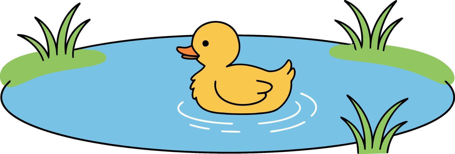 Yellow duck swimming in a serene pond surrounded by green grass in flat art vector