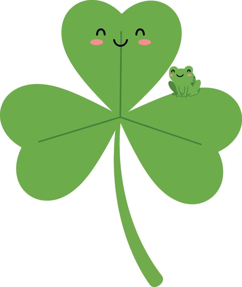 Happy green four-leaf clover with a smiling frog in flat art vector