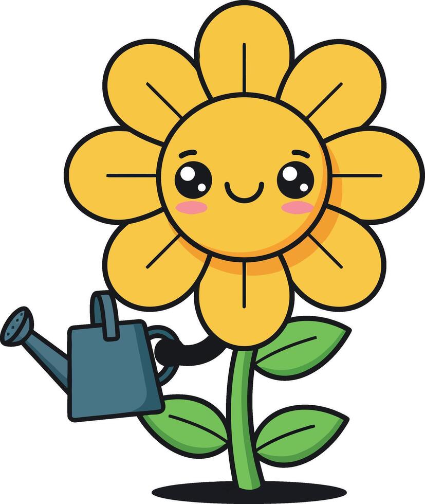 Cheerful yellow flower with a watering can in a flat and minimal illustration vector