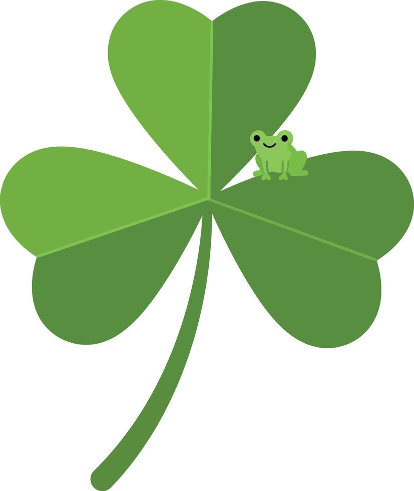 Green four-leaf clover with a small frog sitting on it in flat art vector