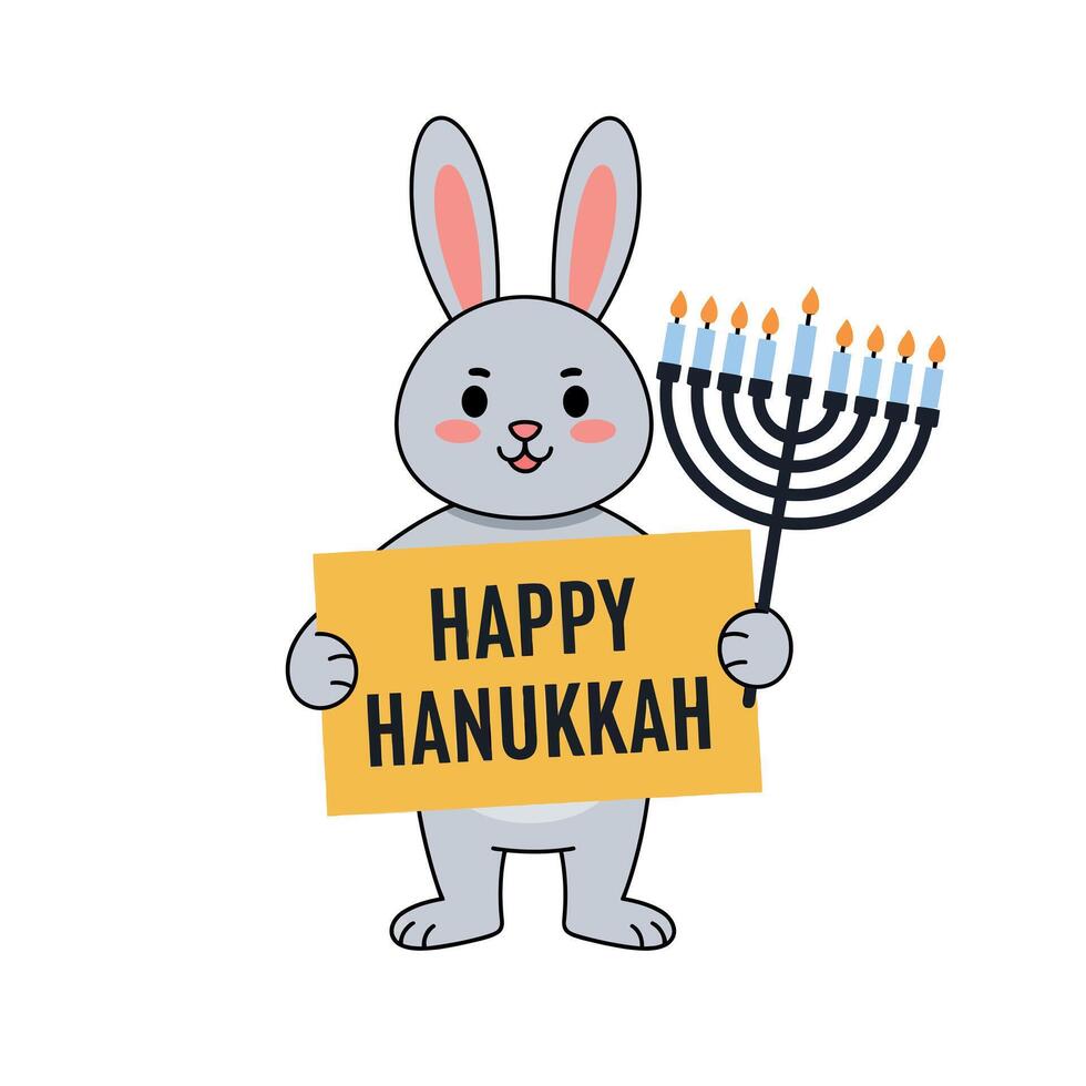 Cute rabbit holding a sign that says Happy Hanukkah with menorah in a flat illustration vector