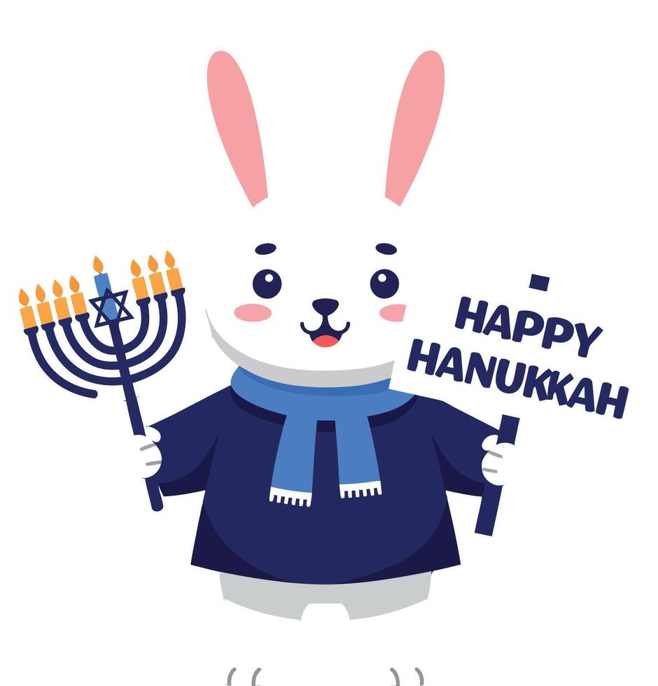 Adorable white rabbit in blue sweater holding menorah and Happy Hanukkah sign in flat illustration vector
