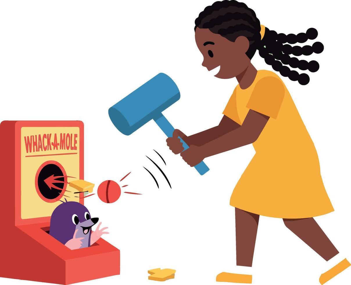 Young girl playing a whack-a-mole game with a playful expression in flat art vector