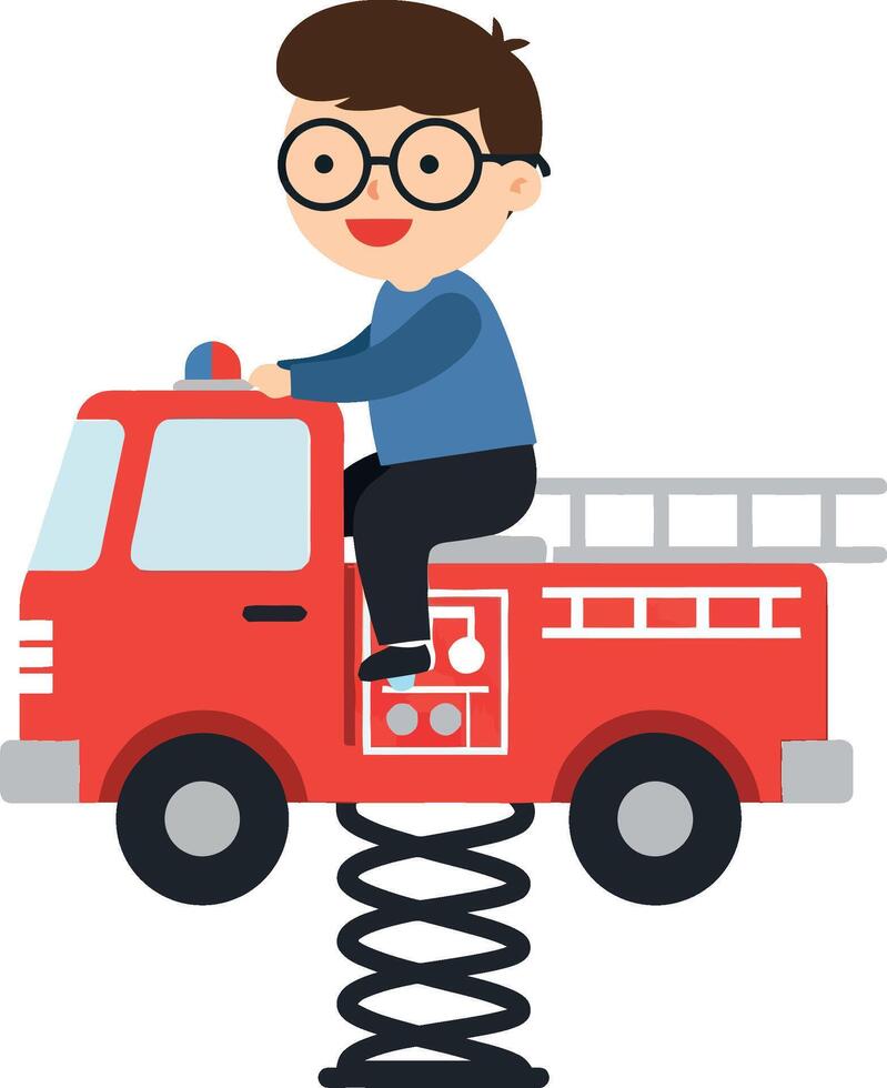 A cheerful boy riding a spring-mounted fire truck in a flat illustration style vector