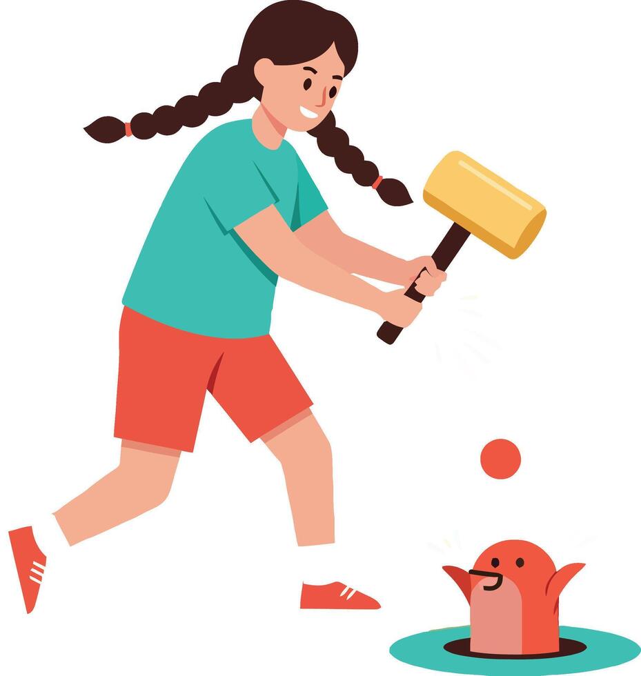 Girl playing whack-a-mole game with colorful mallet in flat illustration vector
