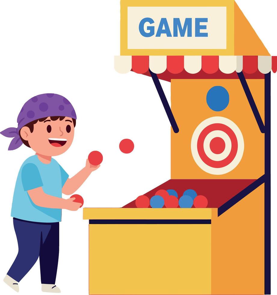 A cheerful child playing a colorful carnival game in flat art vector