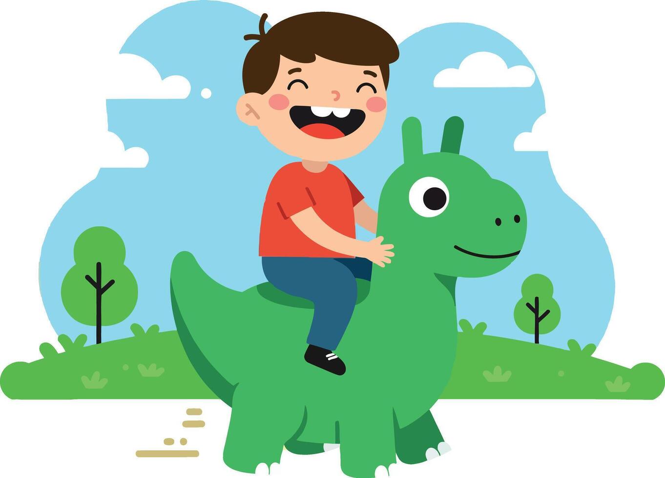 Happy child riding a cheerful green dinosaur in a playful, colorful flat illustration vector