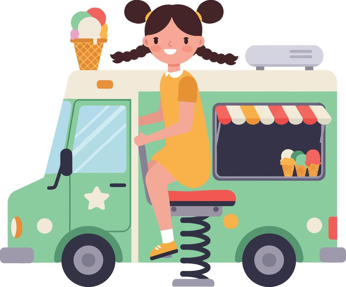 Girl sitting on a spring-mounted ice cream truck in flat art style vector