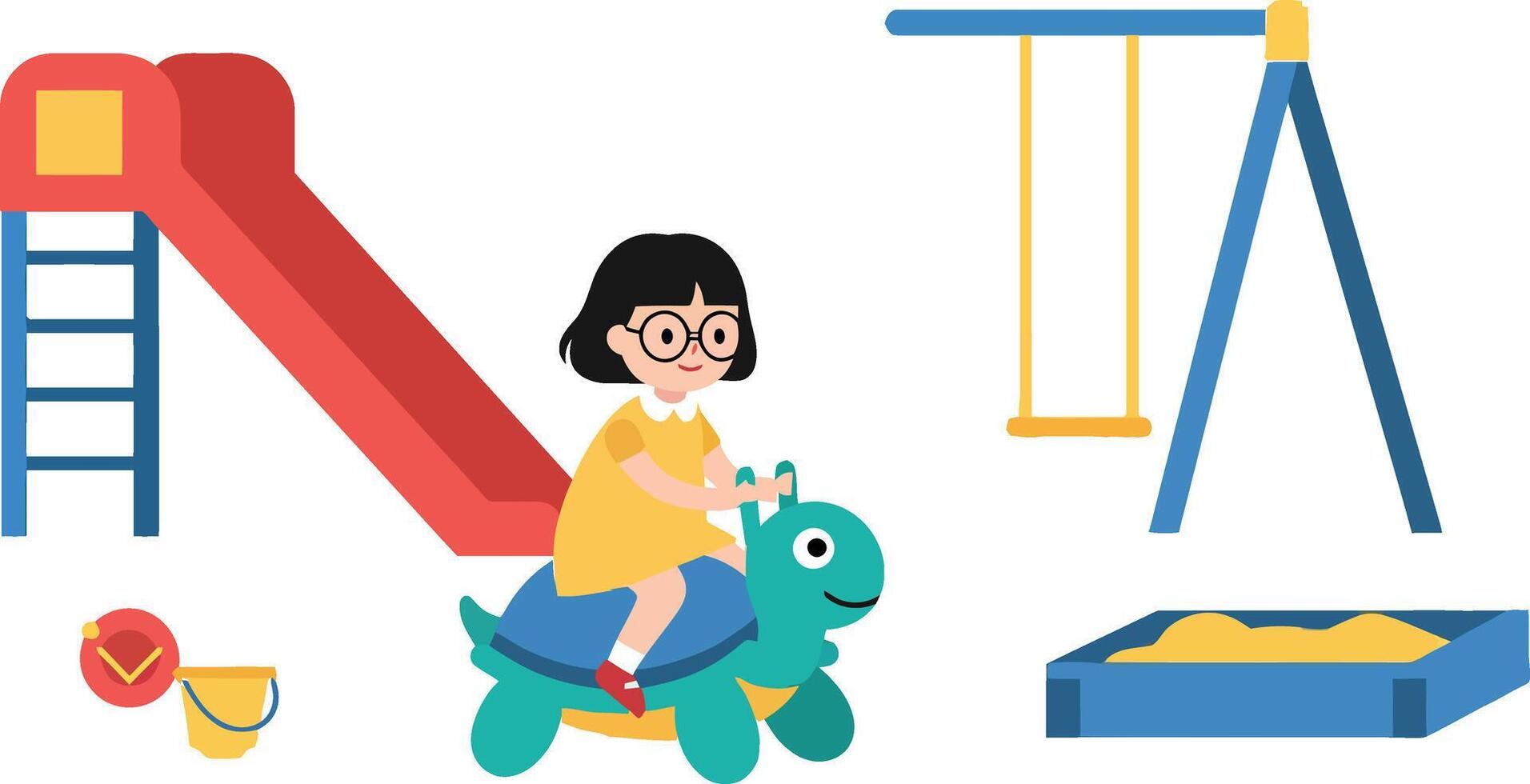 A girl playing joyfully on a green toy dinosaur at a vibrant playground, flat illustration vector