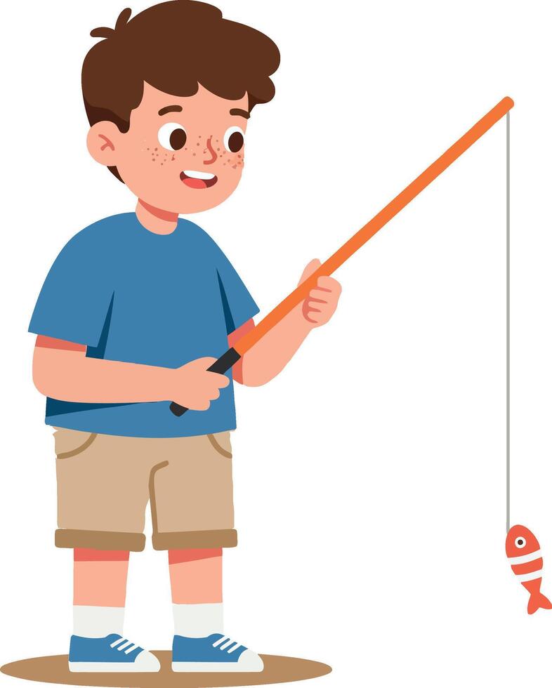 A cheerful boy fishing with a colorful rod in a flat art style, showcasing joy and excitement while catching a small fish vector