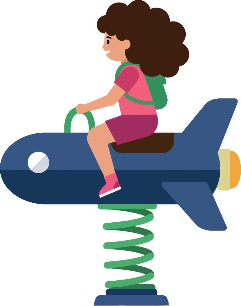 Girl joyfully riding a spring rocket with curly hair in a playful flat illustration vector