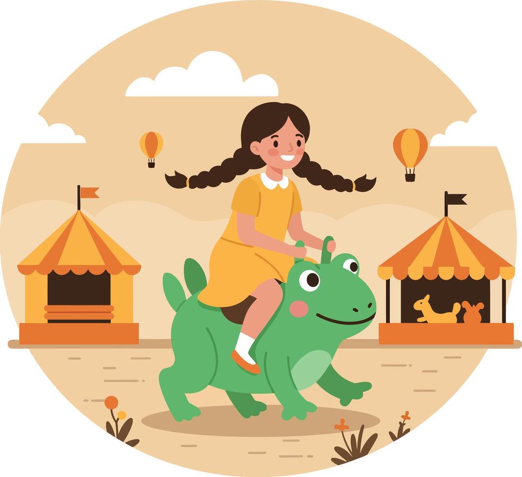 A girl joyfully riding a green dinosaur in a playful carnival setting, flat illustration vector