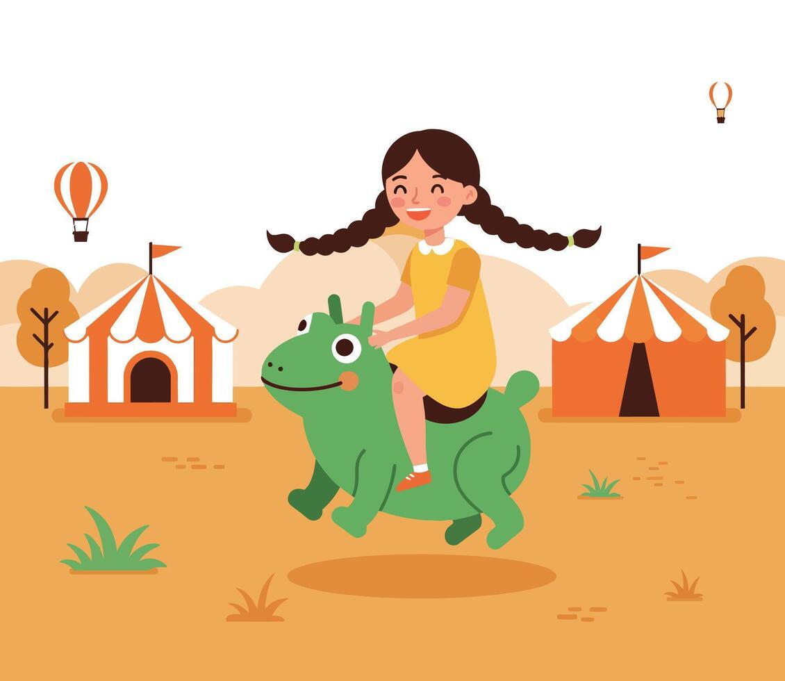 A cheerful girl riding a green dinosaur toy in a playful, colorful carnival setting, flat illustration vector