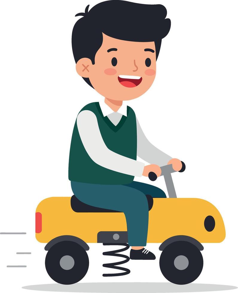 Happy boy riding a yellow toy car in a playful flat illustration vector