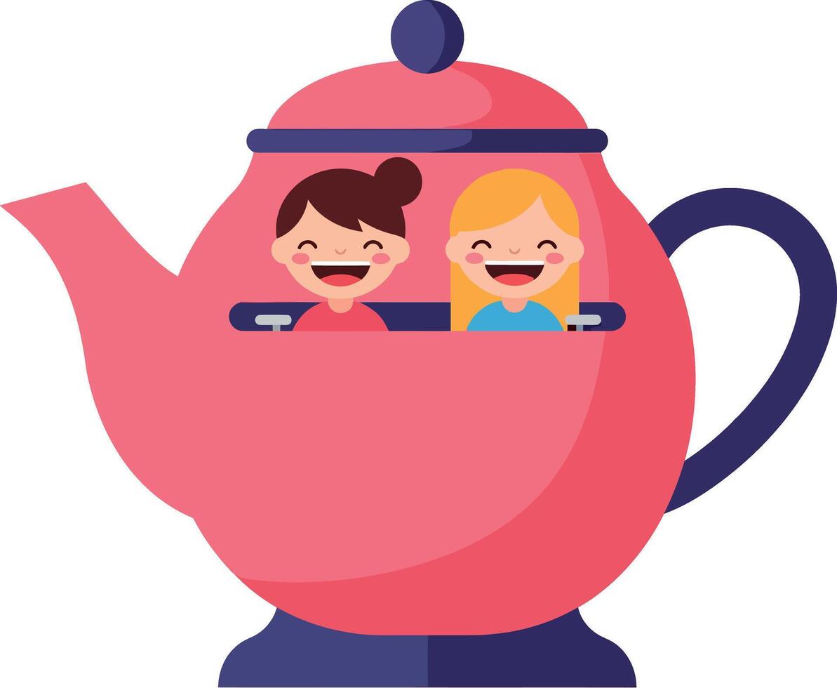 Two cheerful girls peeking out from a vibrant pink teapot in a playful flat illustration vector