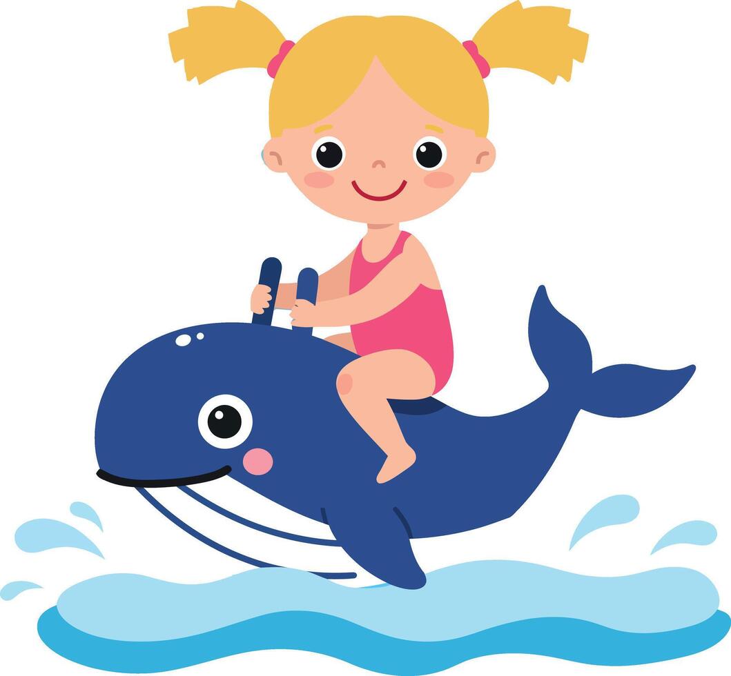 A cheerful girl in a swimsuit riding a playful whale in a flat illustration vector