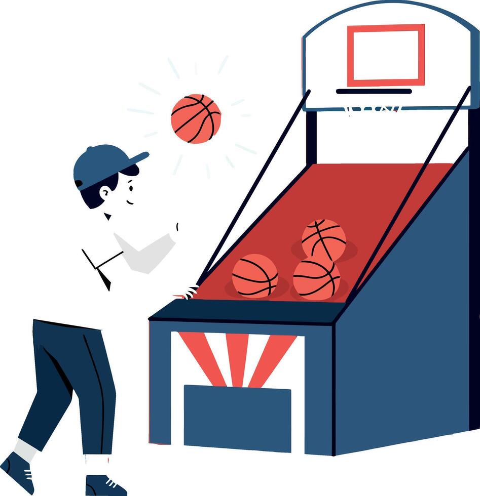 Boy playing basketball at an arcade machine in a flat illustration vector