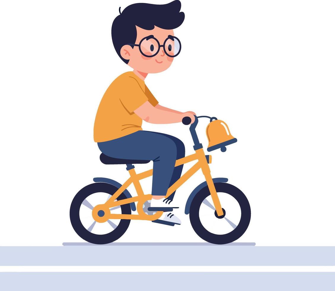A young boy joyfully riding a yellow bicycle in a flat design illustration vector