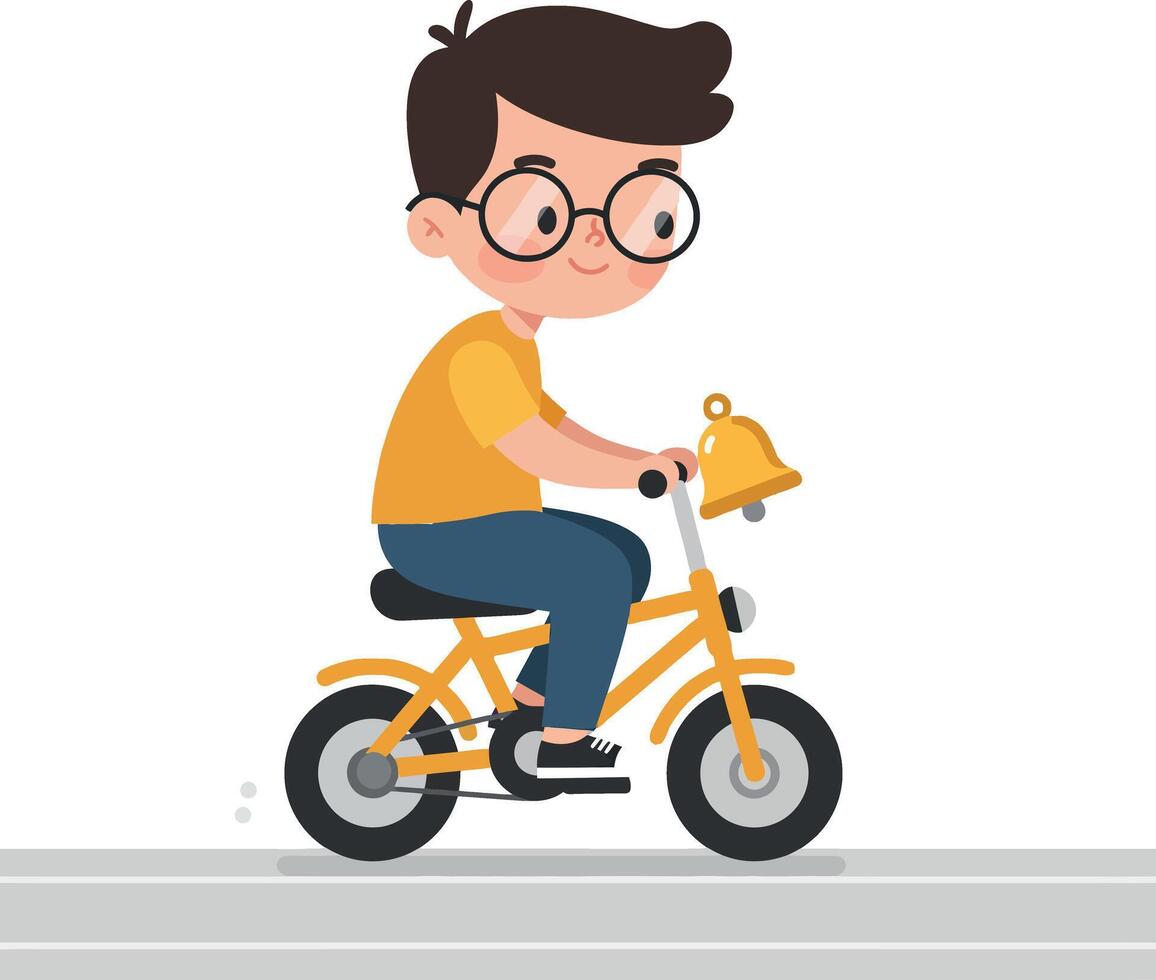 A cheerful boy riding a yellow bicycle in a minimal flat art style vector
