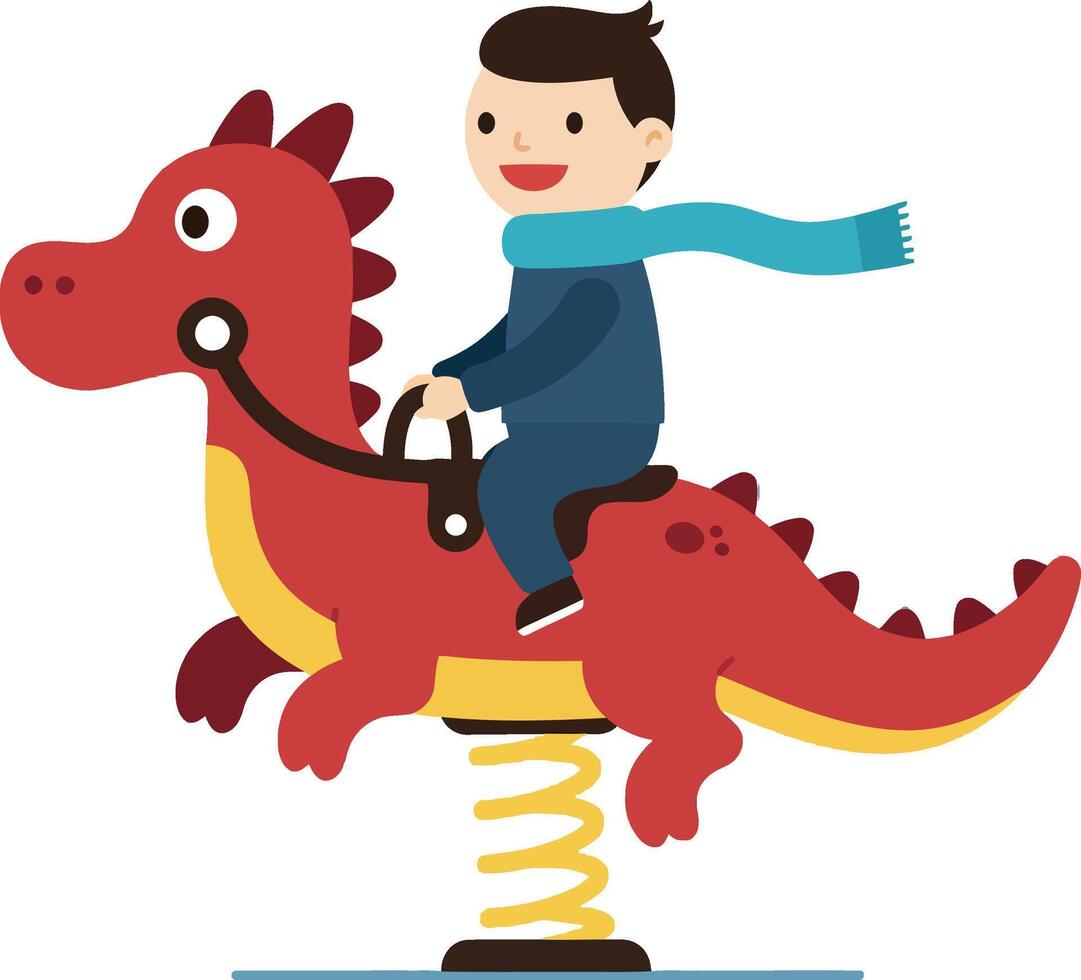 A joyful child riding a vibrant red dragon spring rider in a playful, minimal illustration vector