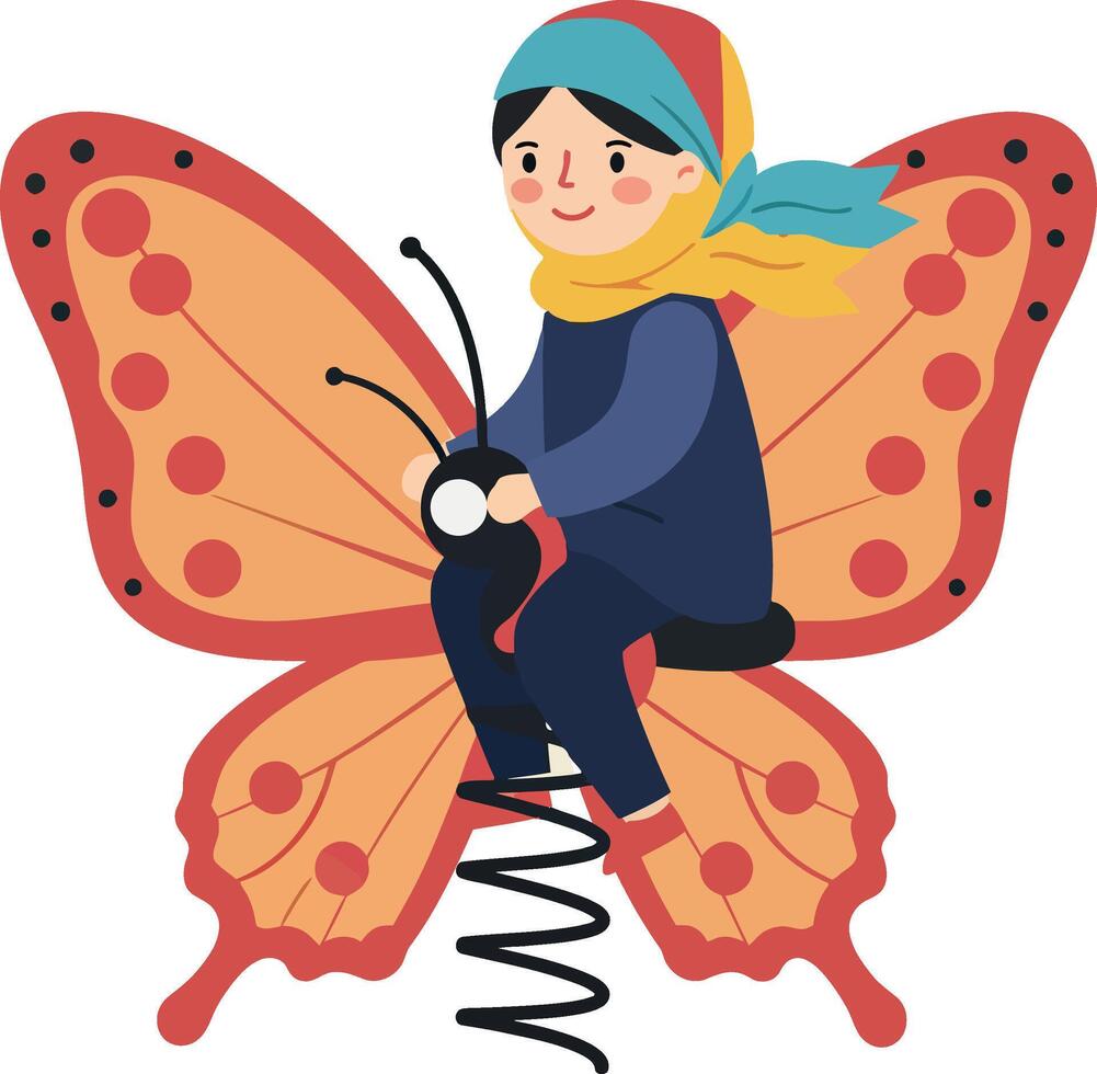 Child joyfully riding a colorful butterfly spring toy in flat illustration vector