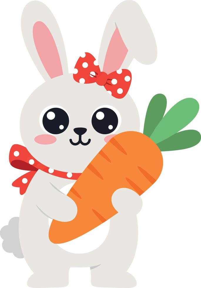 Cute white bunny holding a large carrot in a playful flat design illustration vector