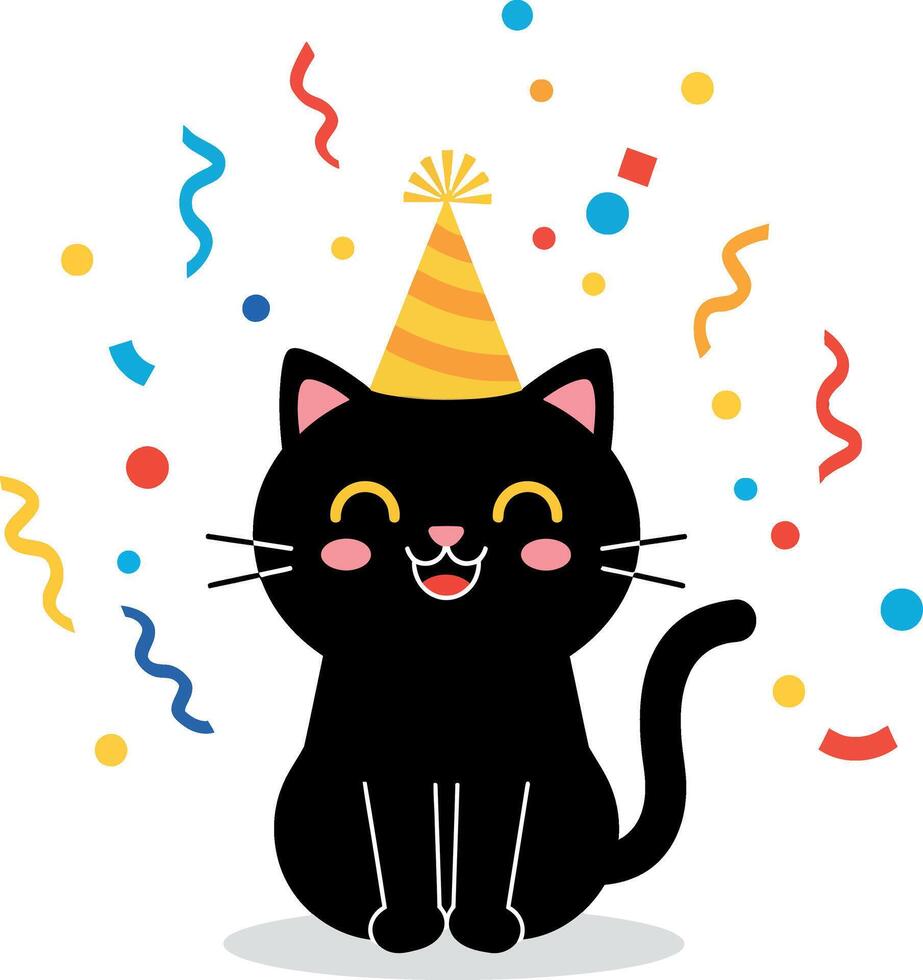 Black cat in a party hat surrounded by colorful confetti in a cheerful flat illustration vector