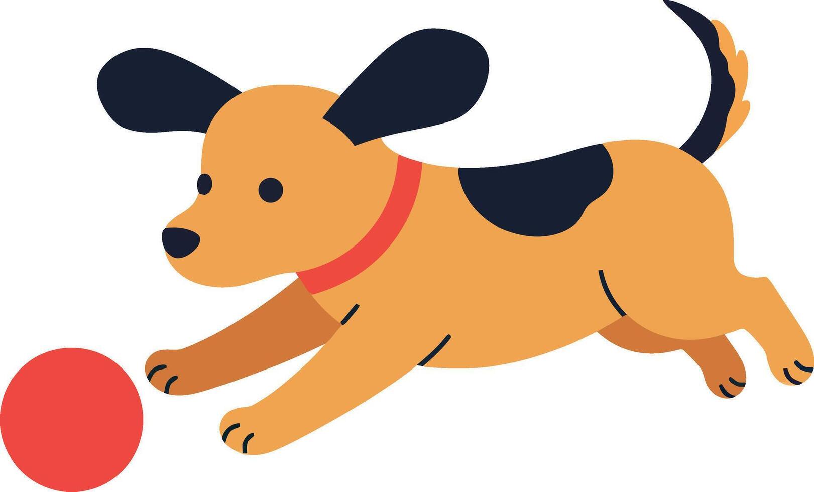 Playful puppy chasing a red ball in a cheerful flat illustration vector