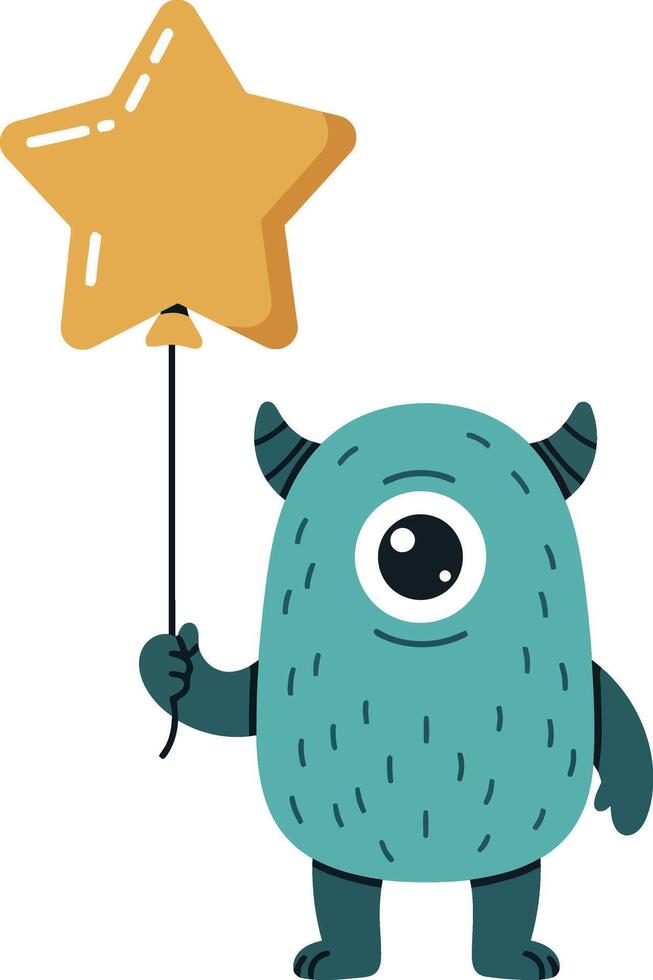 A cute monster holding a yellow star balloon in a colorful, playful flat illustration vector