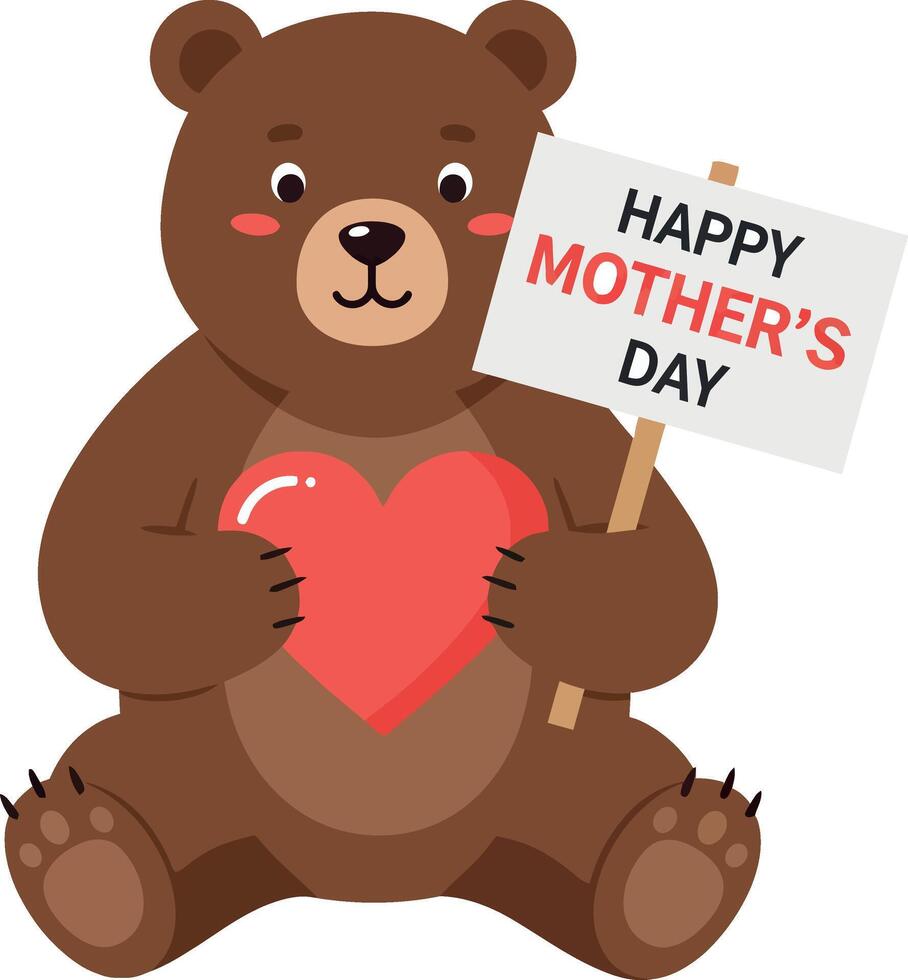 Cute bear holding a red heart and a sign wishing Happy Mothers Day in flat art vector
