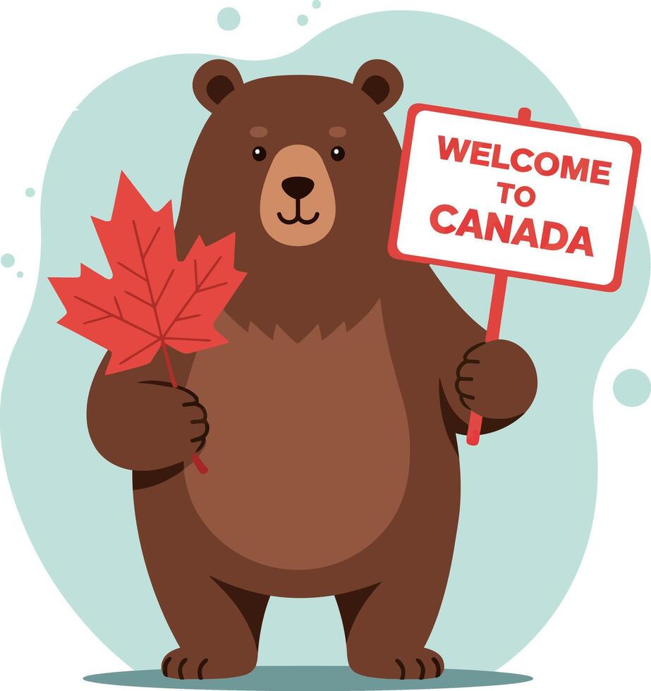 Brown bear holding a maple leaf and welcome sign in flat art vector