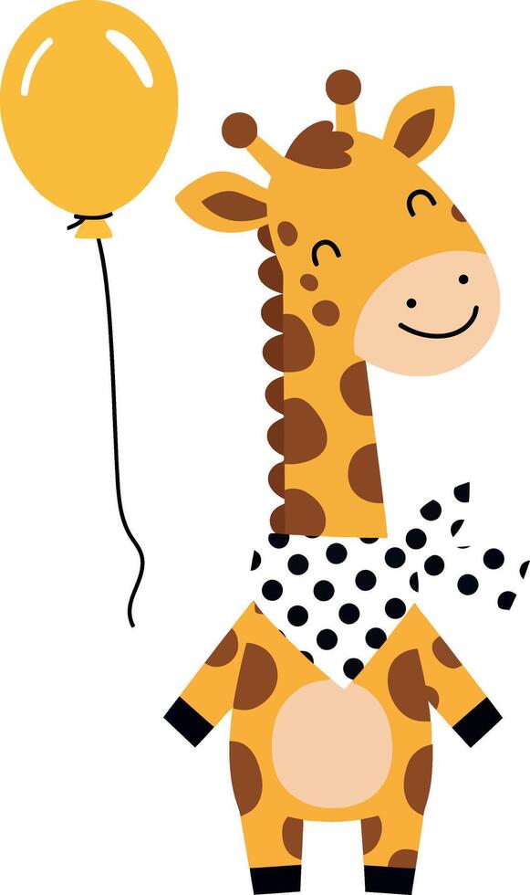 Cheerful giraffe holding a yellow balloon, in a flat, minimalist style, art vector