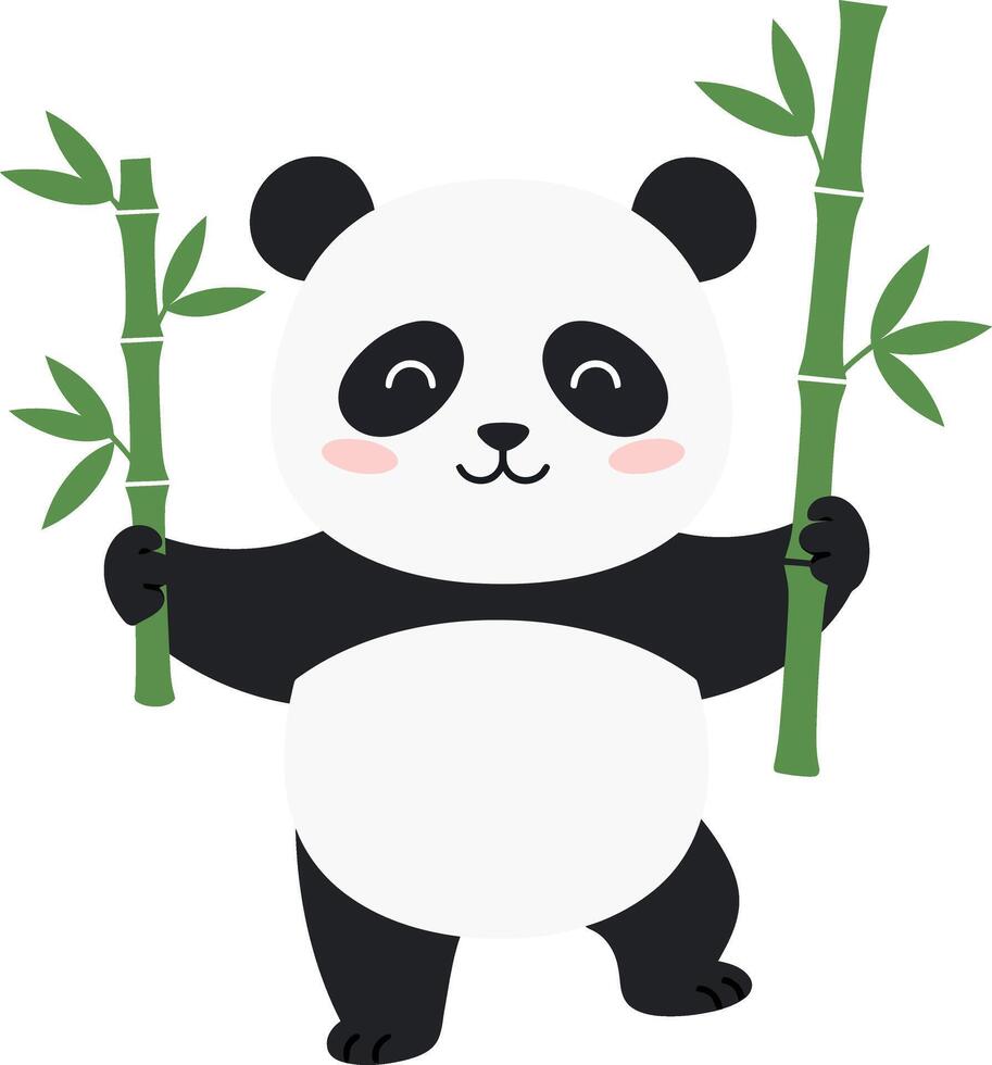Cute panda holding bamboo sticks in a playful pose, flat illustration vector