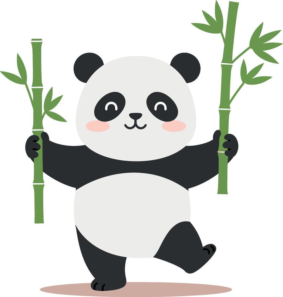 Playful panda holding bamboo sticks in a cheerful pose, minimal illustration vector