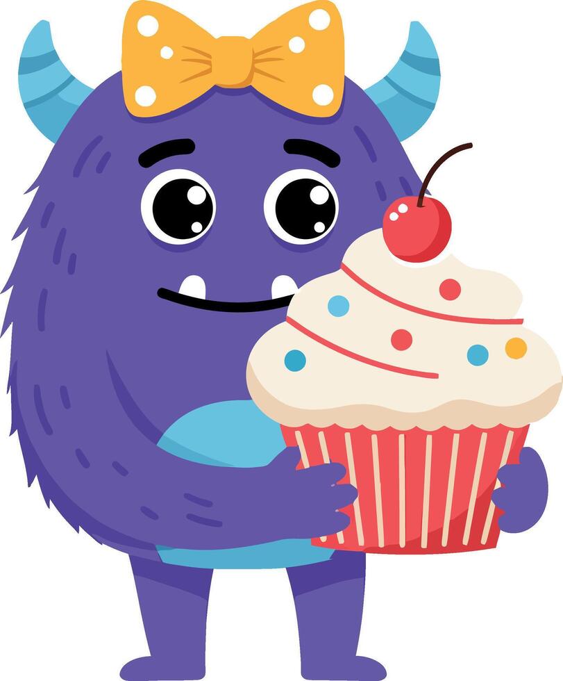 Cute purple monster holding a large cupcake with a cheerful expression in a flat illustration vector