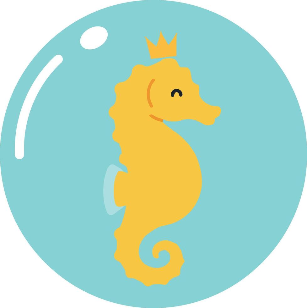 Cute yellow seahorse with a crown inside a turquoise bubble in flat art vector