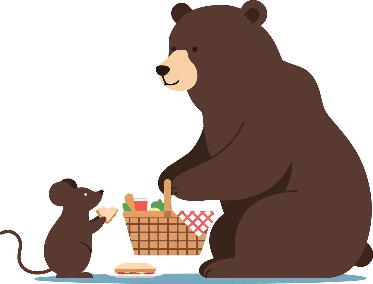 A friendly bear sharing a picnic basket with a small mouse in flat art vector