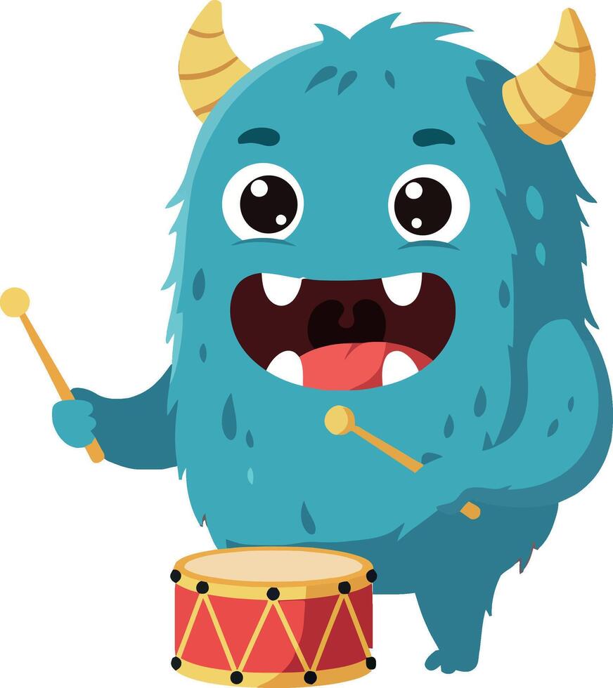 Cute blue monster playing a drum in a playful flat illustration vector