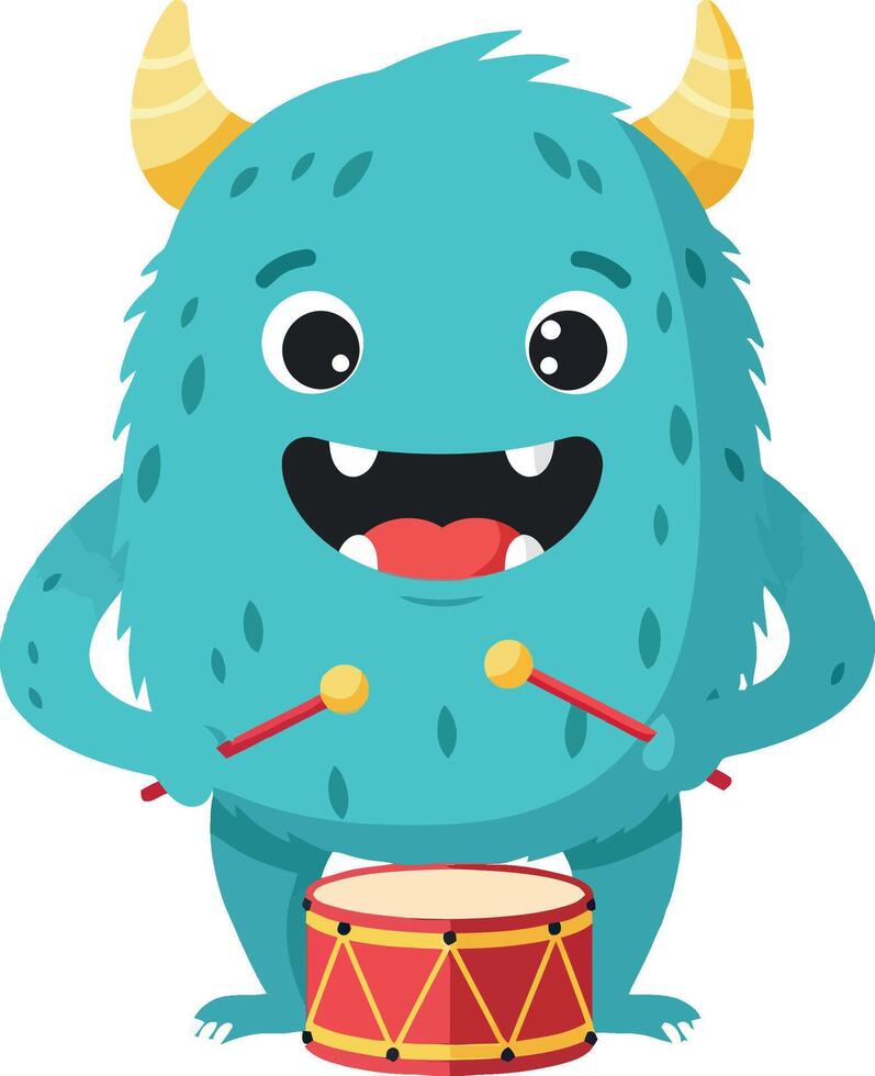 Cheerful blue monster playing a red drum in a flat illustration vector
