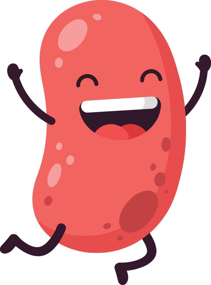 Happy cartoon red bean character dancing joyfully in a vibrant flat illustration vector
