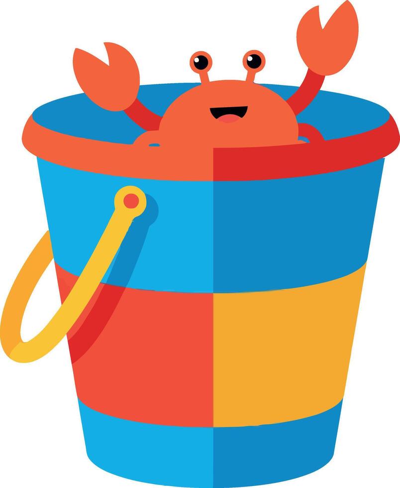 A cheerful crab peeking out of a colorful striped bucket in flat art vector